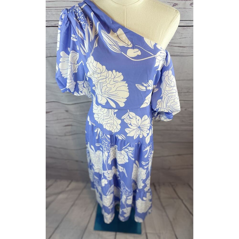 NWT Style State Floral Midi Dress Women’s Size 10 Blue White Asymmetrical - Picture 2 of 7